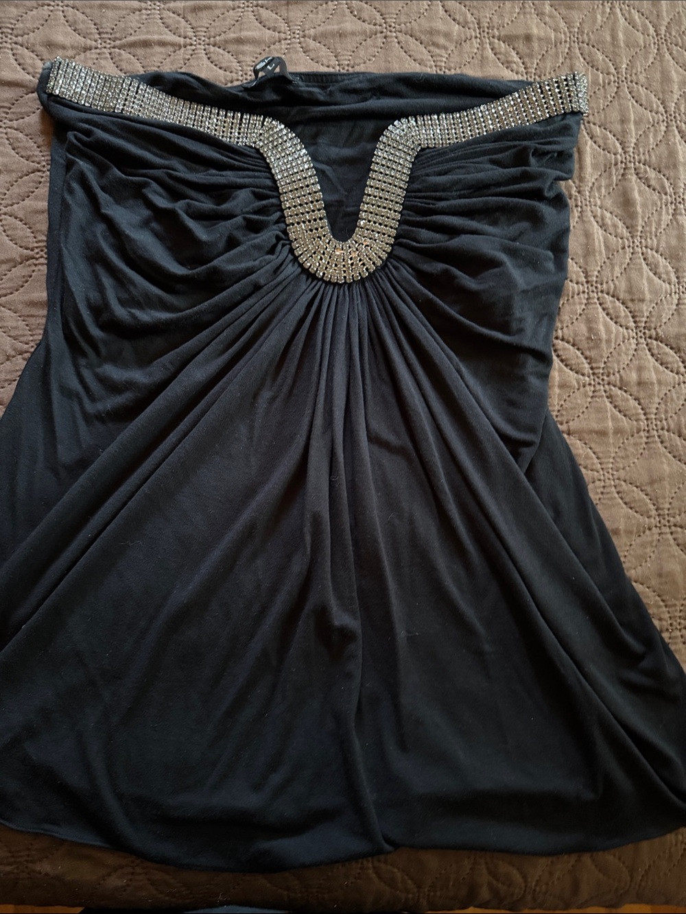 Sky Black Strapless Dress with Rhinestone V Detail